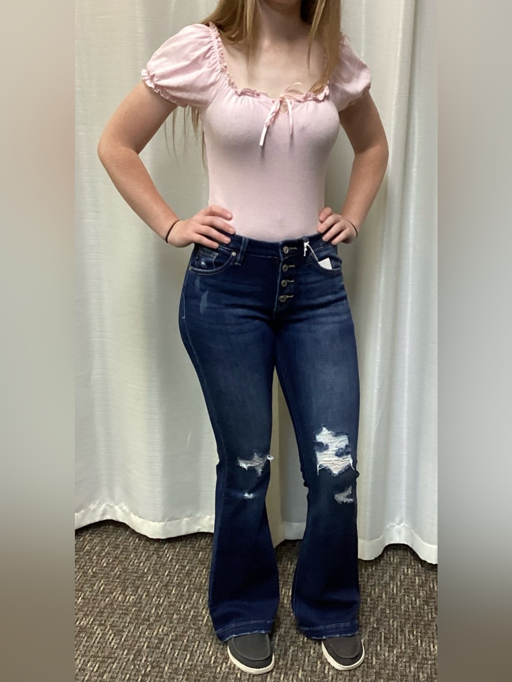 KanCan Dark Blue High-Rise Distressed Flare Jeans with Pink Top